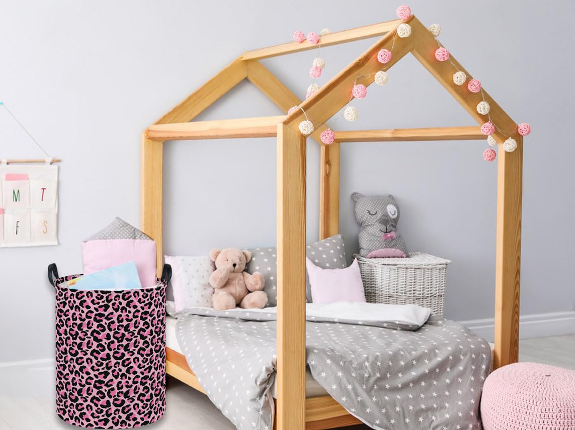 Essme pink leopard-print hamper closeup highlighting decorative pattern that won't stain easily.