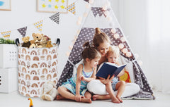 Essme rainbow-pattern dinosaur design—playful decor for kid spaces.