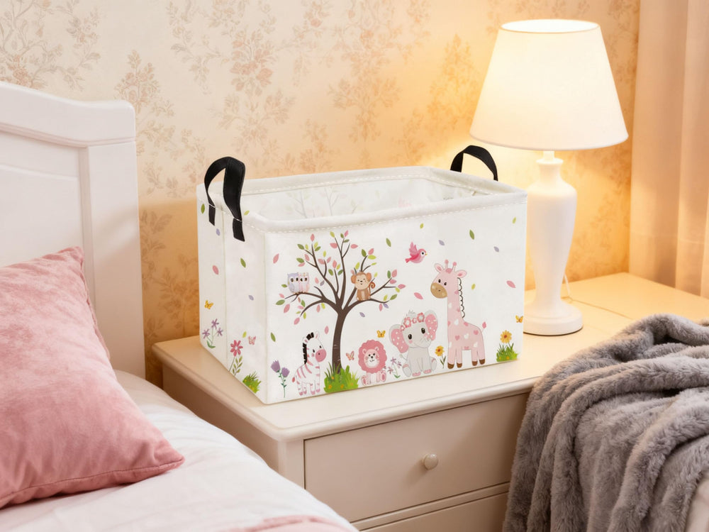 Essme pink animal basket collapse-friendly design shown folded for space-saving storage
