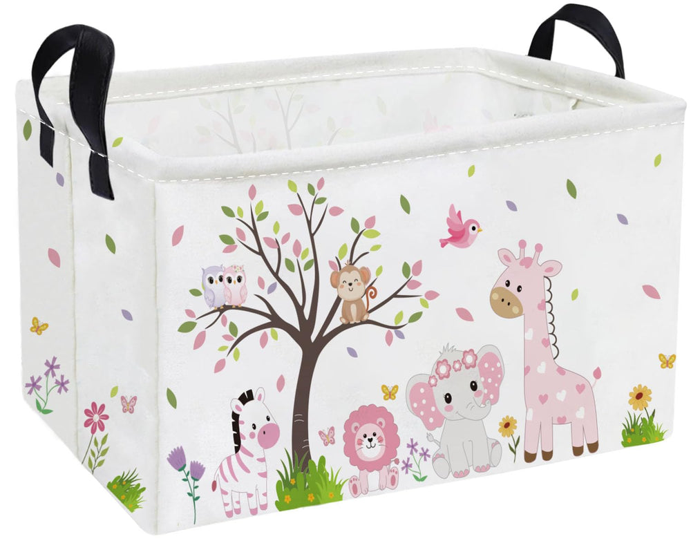 Essme rectangular pink animal basket front view for organized kids' space with playful decor
