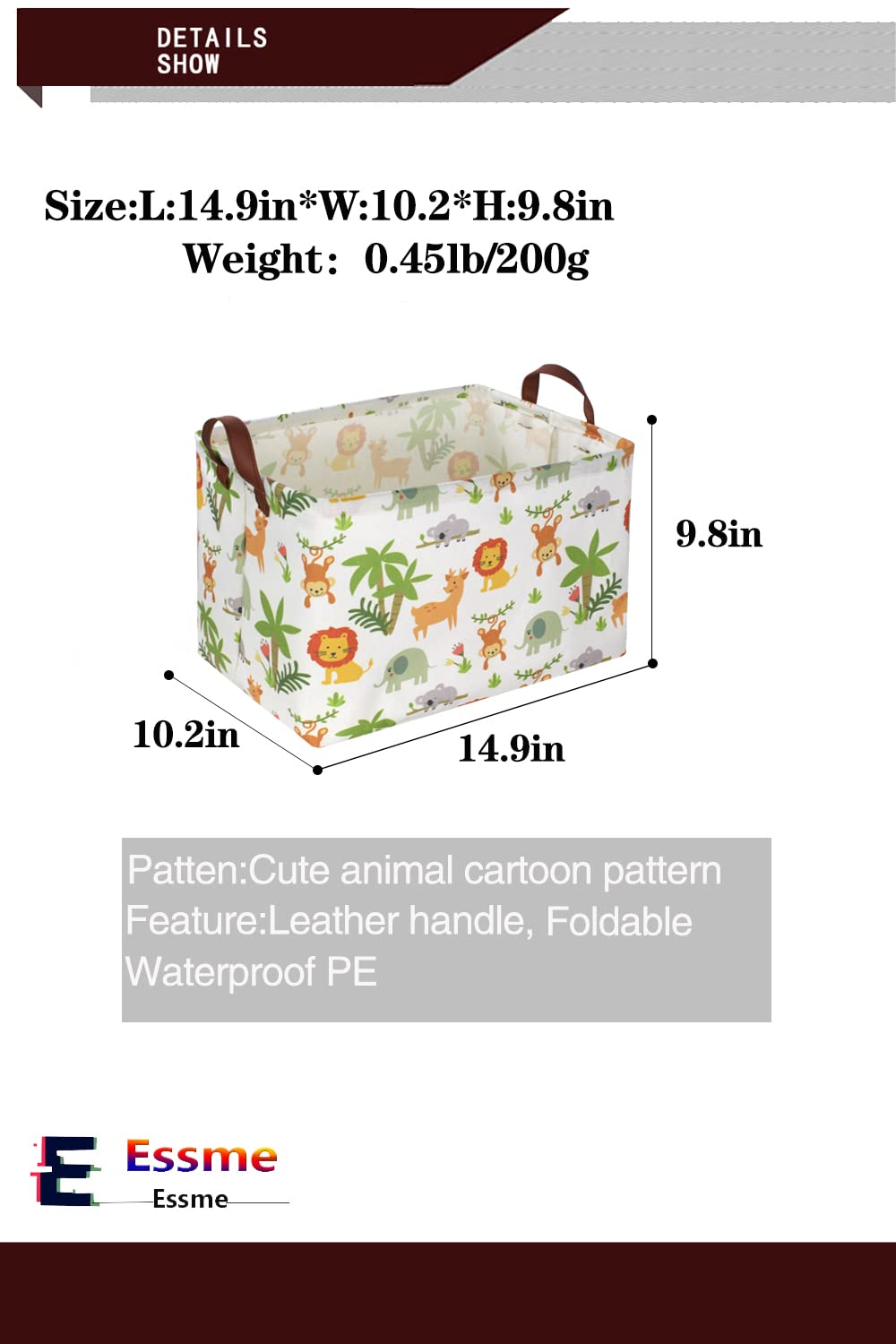 Essme rectangular animals storage basket green linen fabric texture adds durable, lightweight storage solution.