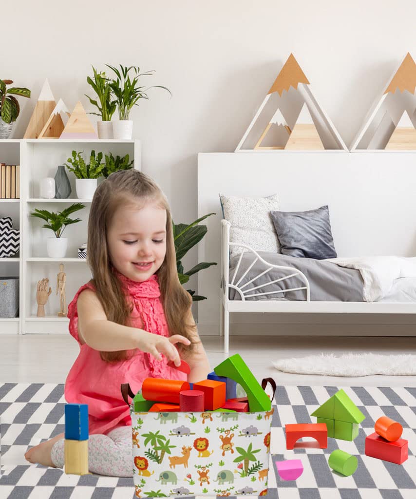 Essme rectangular animals storage basket green side view highlighting two cotton rope handles for effortless transport.