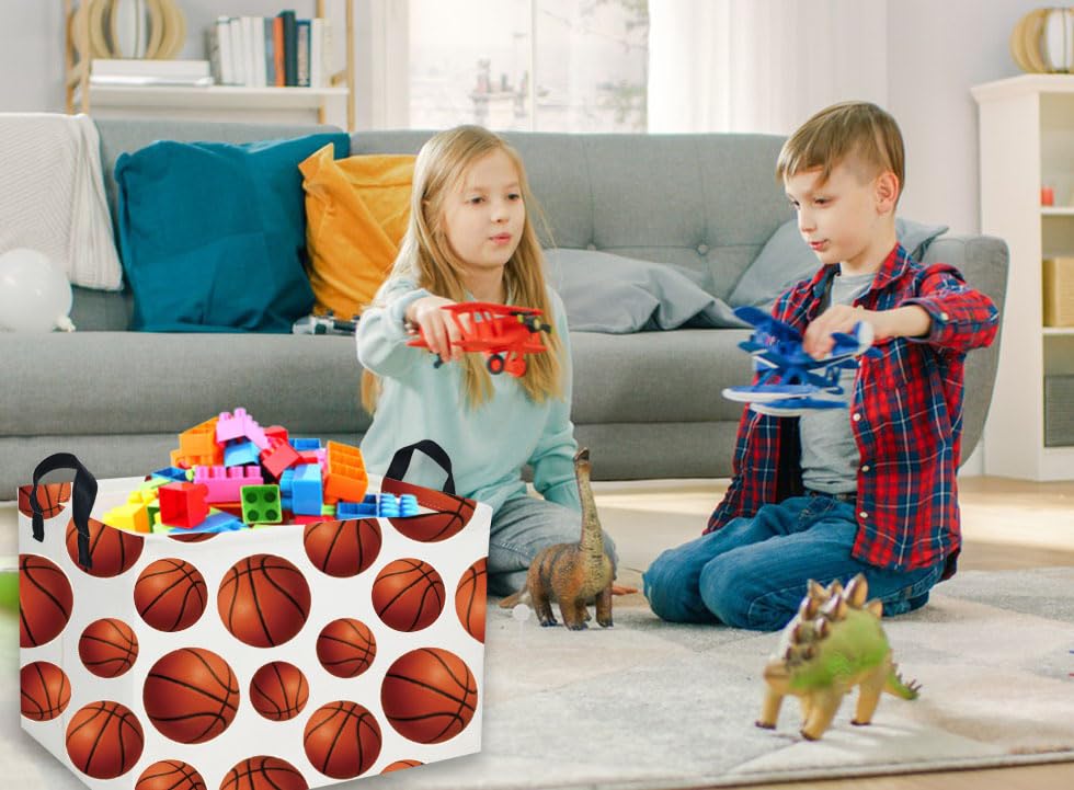 Essme rectangular basket in kids room filled with plush toys.