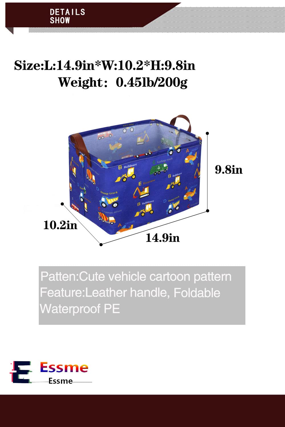 Essme rectangular blue monster-truck basket in nursery organization