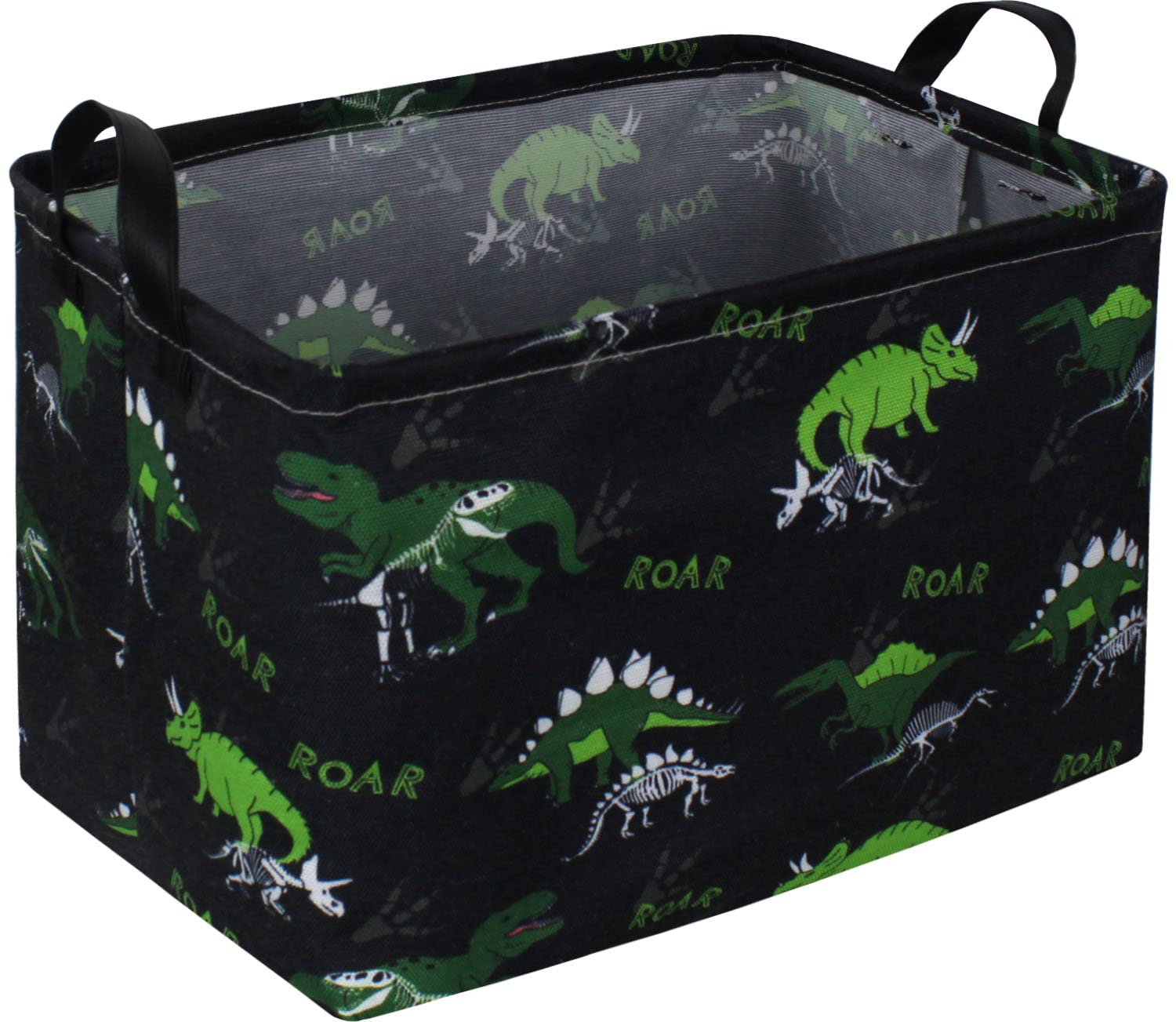 Essme rectangular dinosaur basket front view showcases durable linen for kids storage.