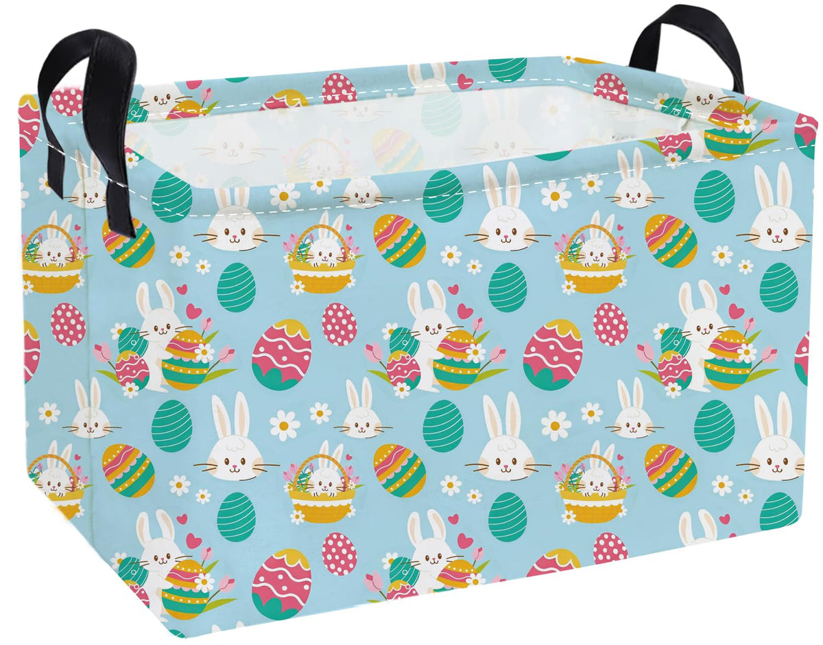 Essme rectangular Easter basket with pink handles for easy toy organization in kids' rooms.
