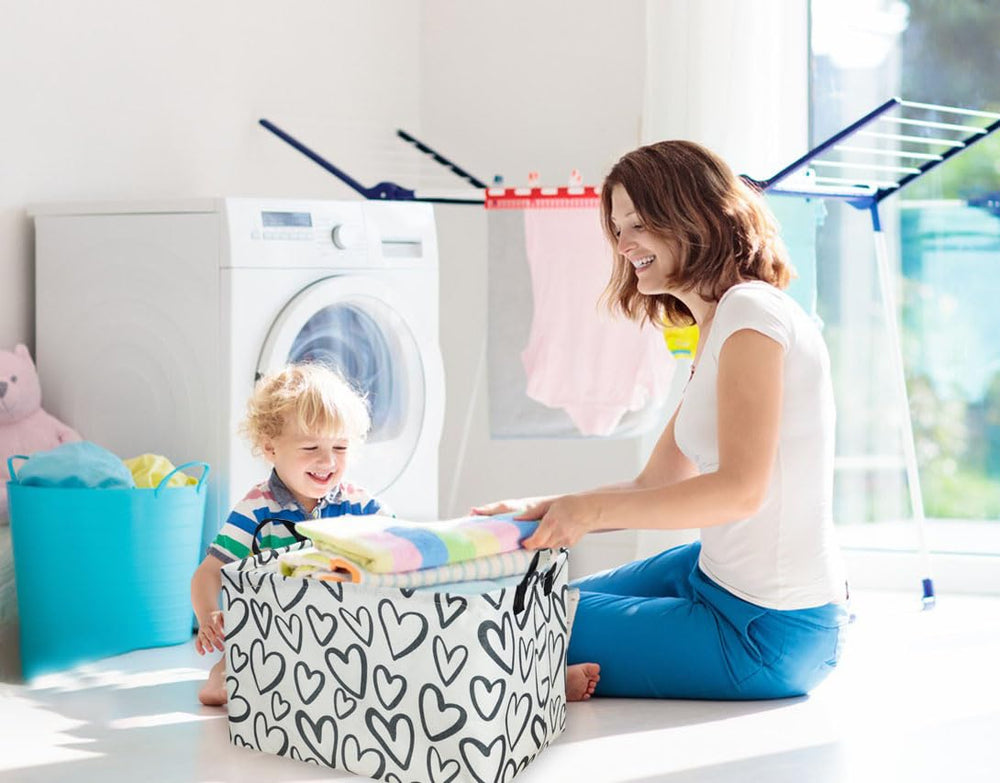 Essme rectangular heart basket with cotton rope handles in use for portable organization