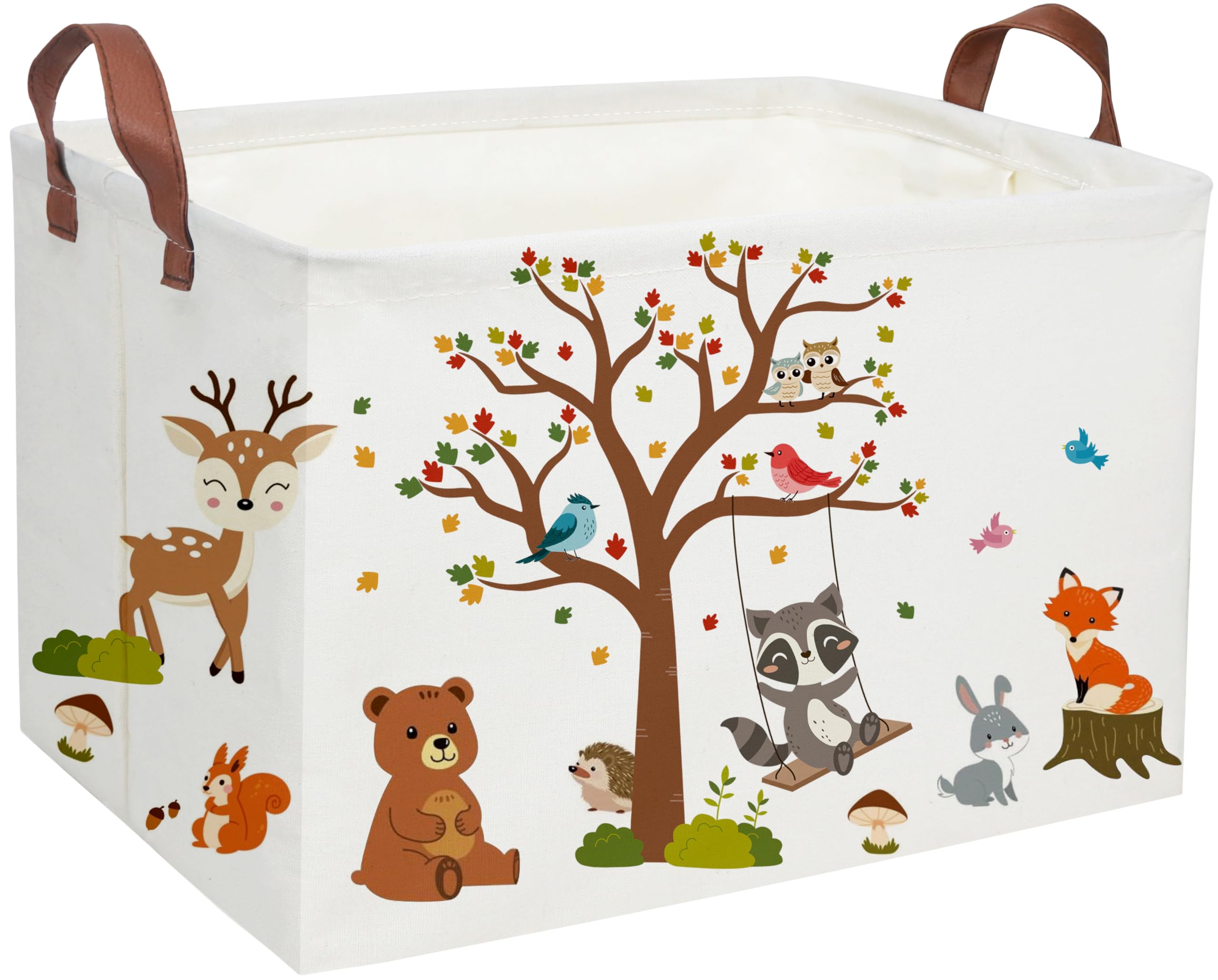 Essme rectangular kids basket closeup with autumn animals design and sturdy handles for toy storage