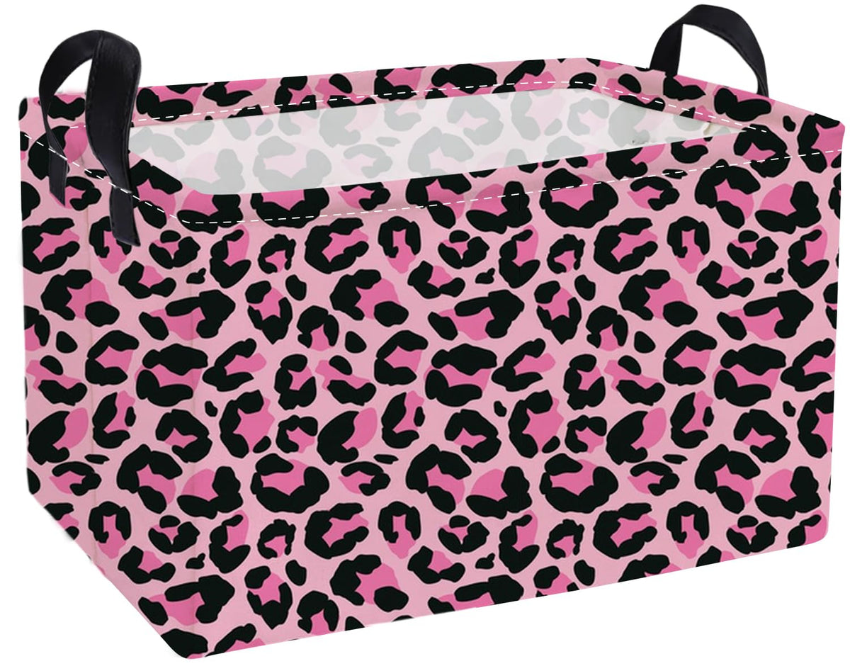 Essme rectangular kids basket pink leopard front view for stylish toy storage
