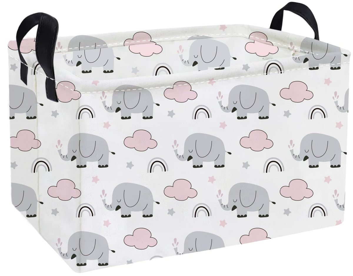 Essme rectangular kids basket rainbow elephants front view for toy organization and nursery decor