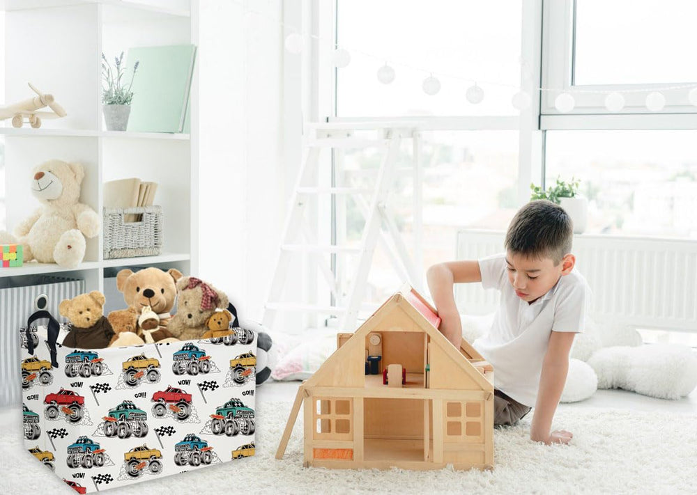 Essme monster truck basket collapsed-flat for space-saving storage in closets.