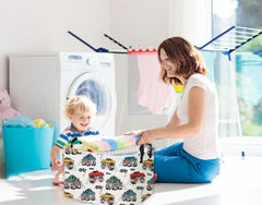 Essme rectangular monster truck basket shows dimensions for stable storage.