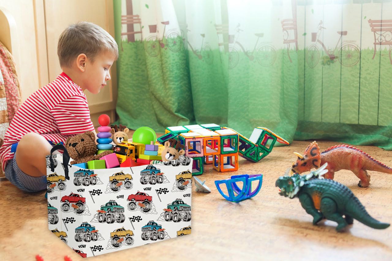 Essme monster truck basket in nursery or playroom for toy organization.