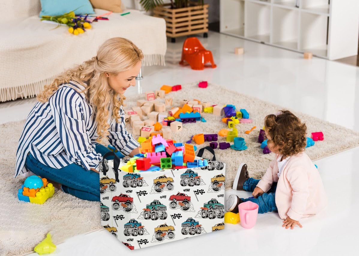 Essme monster truck basket side view highlights cotton rope handles for kid-friendly organization.