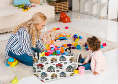 Essme monster truck basket side view highlights cotton rope handles for kid-friendly organization.