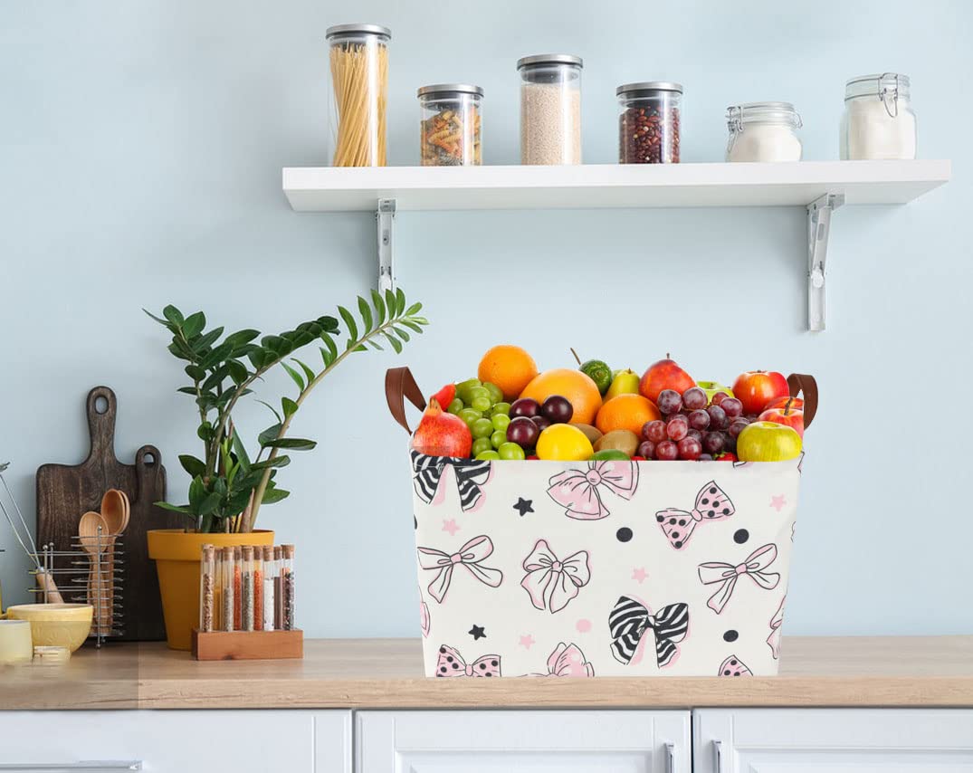 Essme rectangular pink basket highlights bowknot detail and practical organization in playrooms.