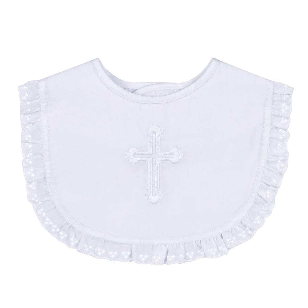 ESTAMICO baby girls baptism bib closeup of cross embroidery highlights easy-adjust closure for feeding time.