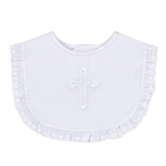 ESTAMICO baby girls baptism bib closeup of cross embroidery highlights easy-adjust closure for feeding time.