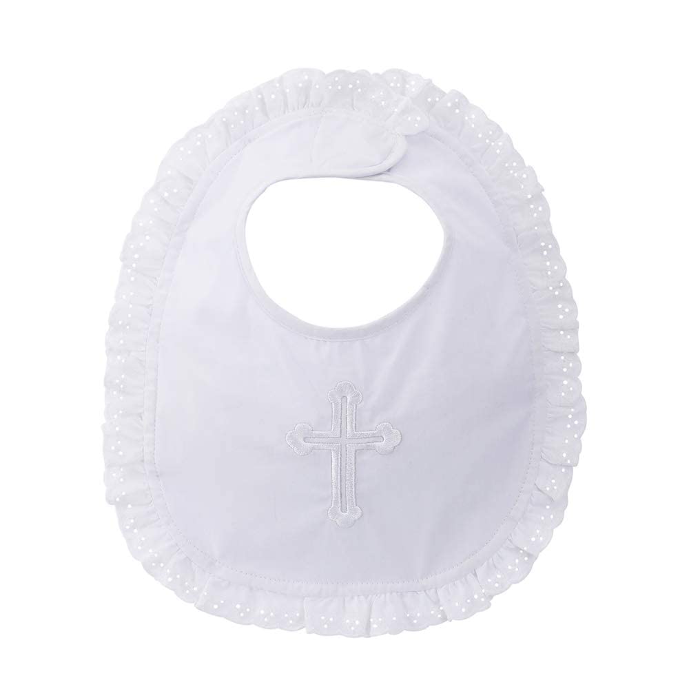 ESTAMICO baby girls baptism bib with embroidered cross showcases soft fabric for comfortable christening wear.