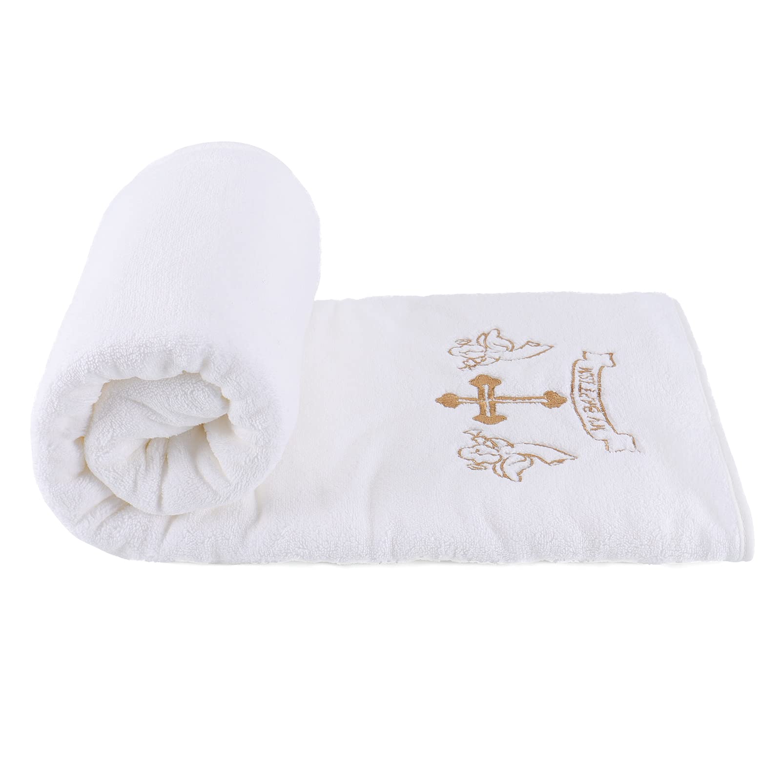ESTAMICO white receiving blanket with cross and olive branches, ideal for baptism photography