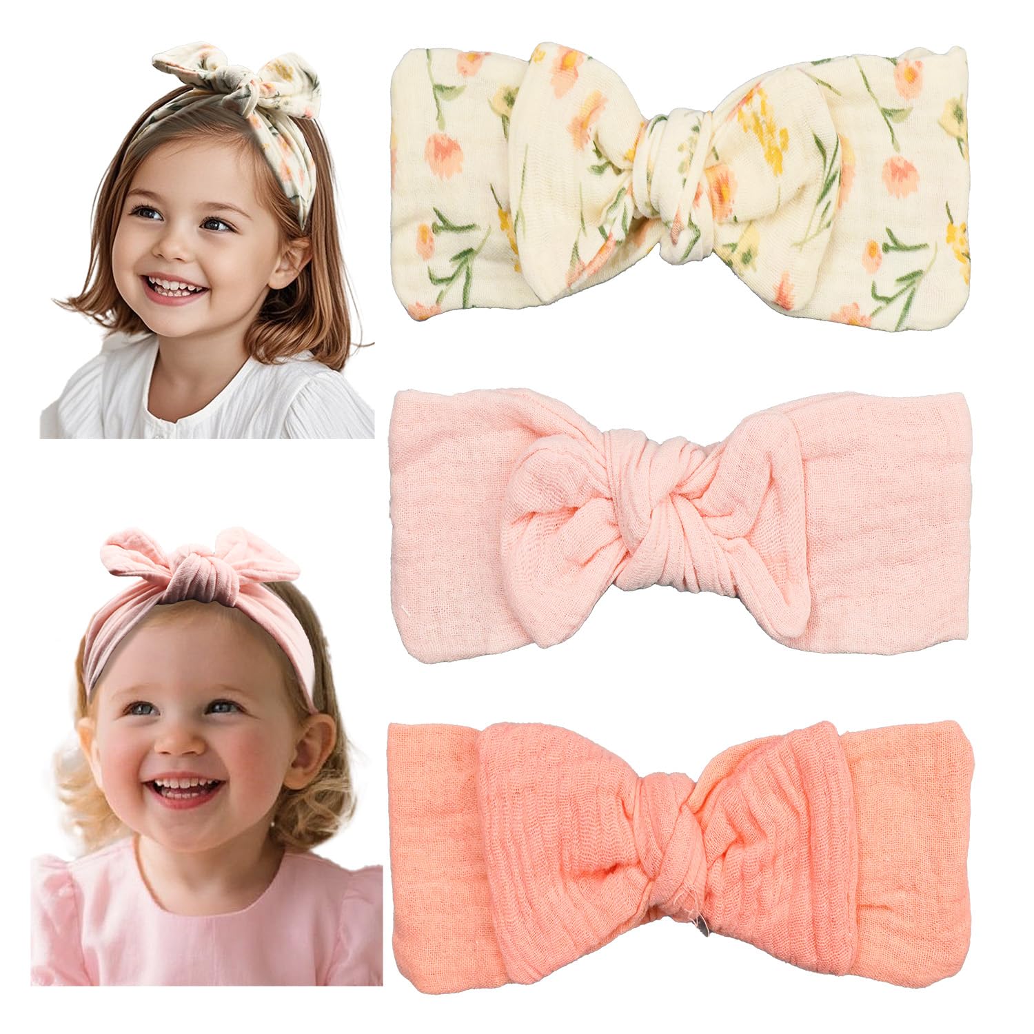 Esumun baby girl muslin headband with top knots, soft breathable fit for newborns.