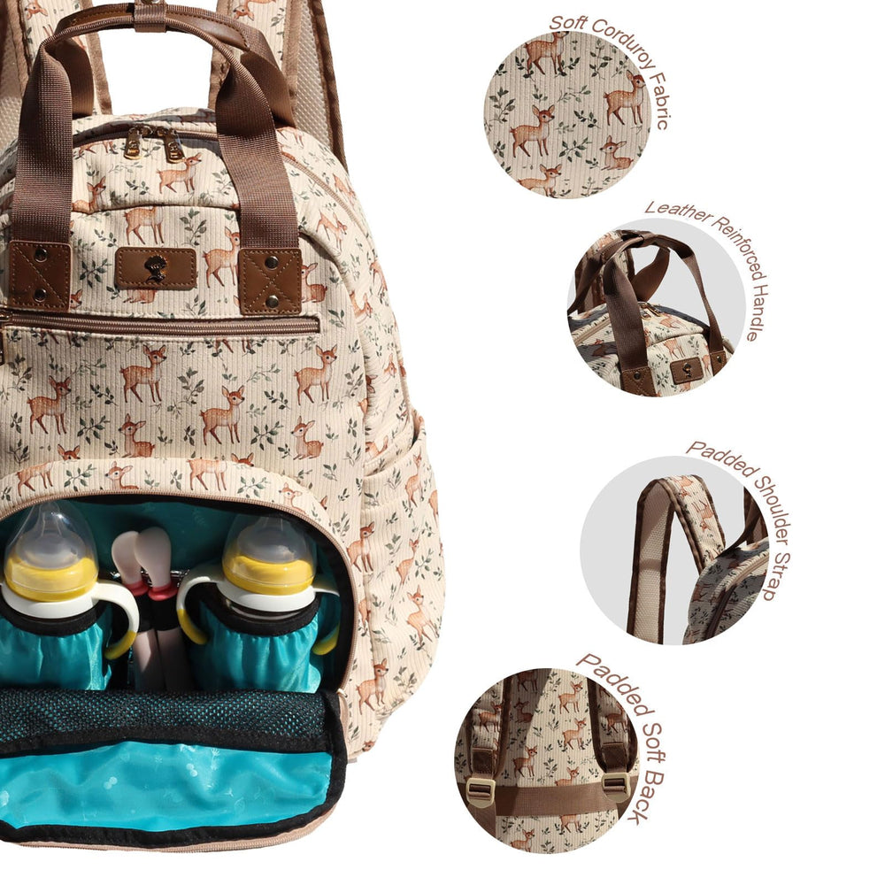 ESVAN Corduroy Fawn diaper bag side view with multiple pockets for organization