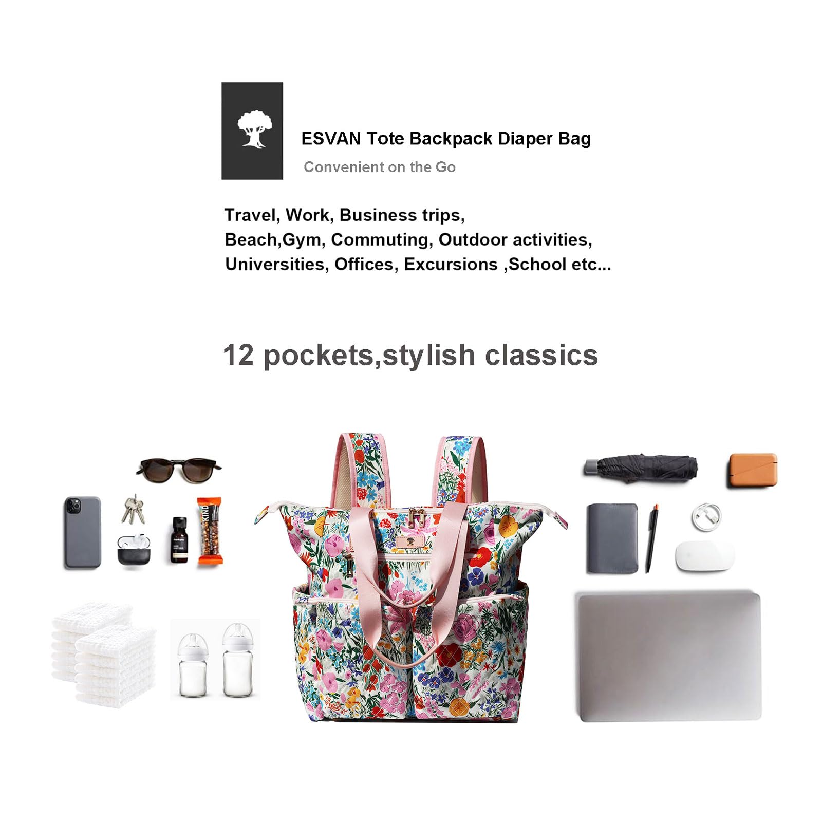ESVAN 2-in-1 design with convertible straps for tote or backpack.