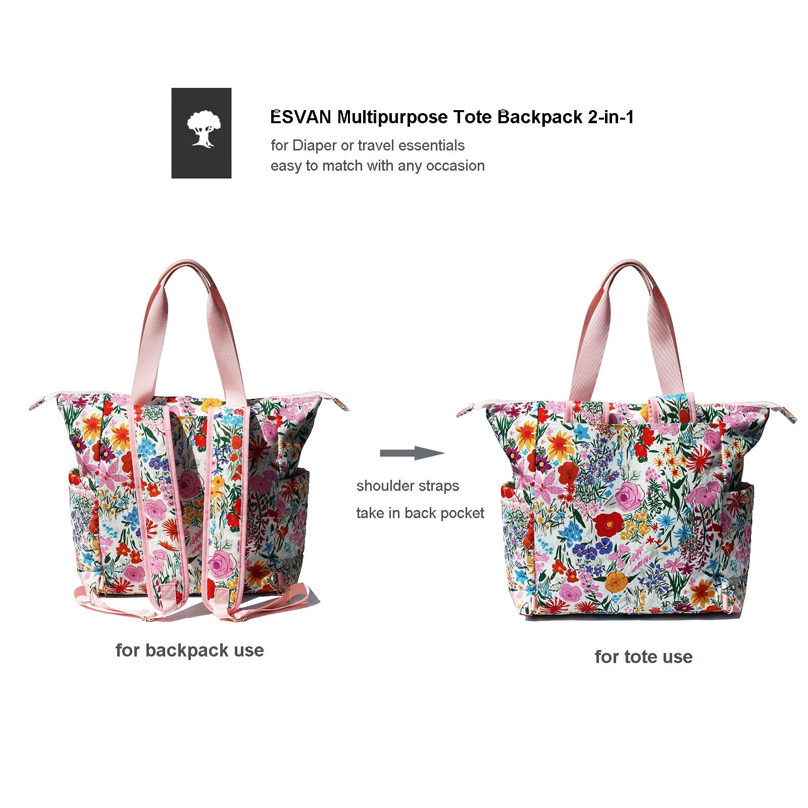 ESVAN diaper tote bag insulation pockets keep bottles warm or cool.