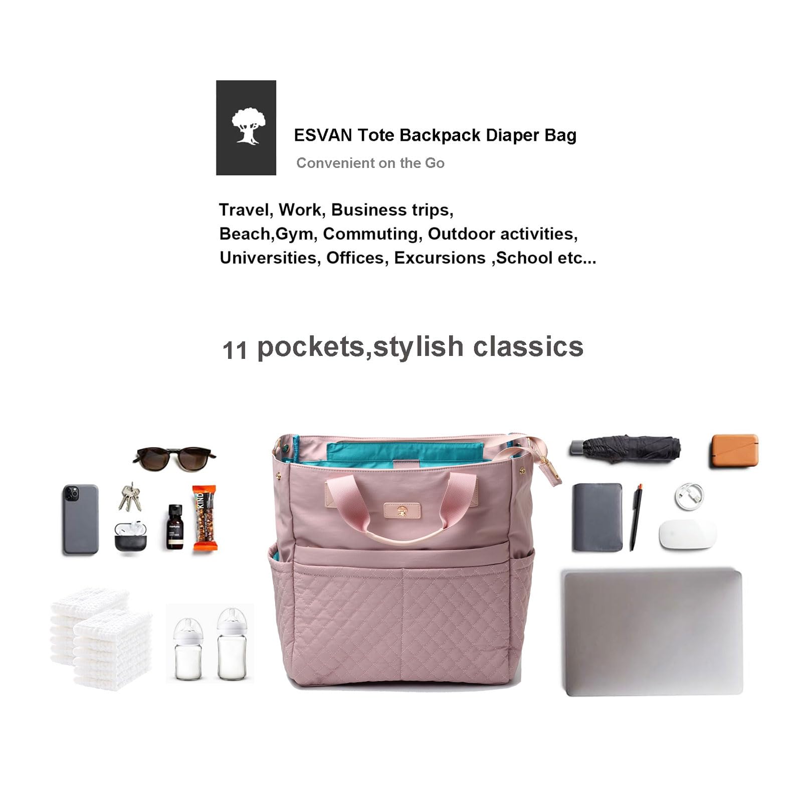 ESVAN front pockets and double quilted organizers for essentials.