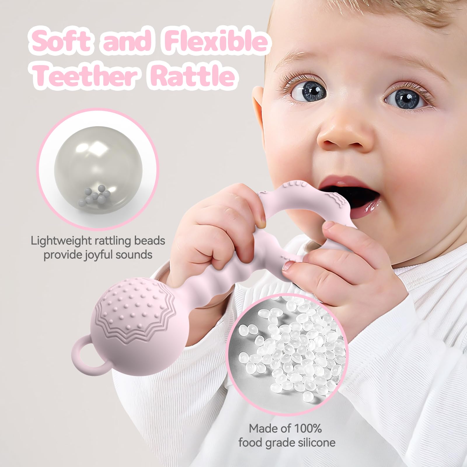 ETETOO baby-toy soft-sounds pink: gentle rattle sounds support sensory development and attention.