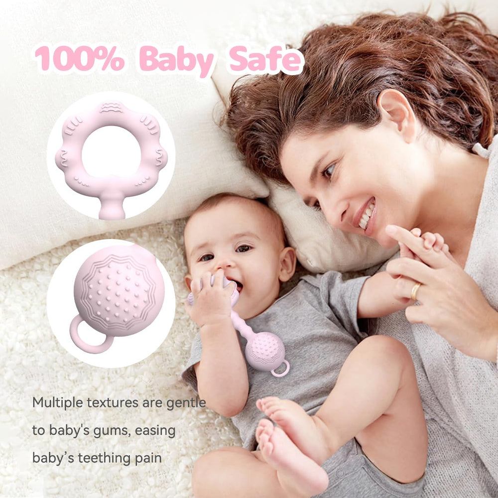 ETETOO gum-soothing-teether pink: safe silicone that calms teething discomfort during playtime.