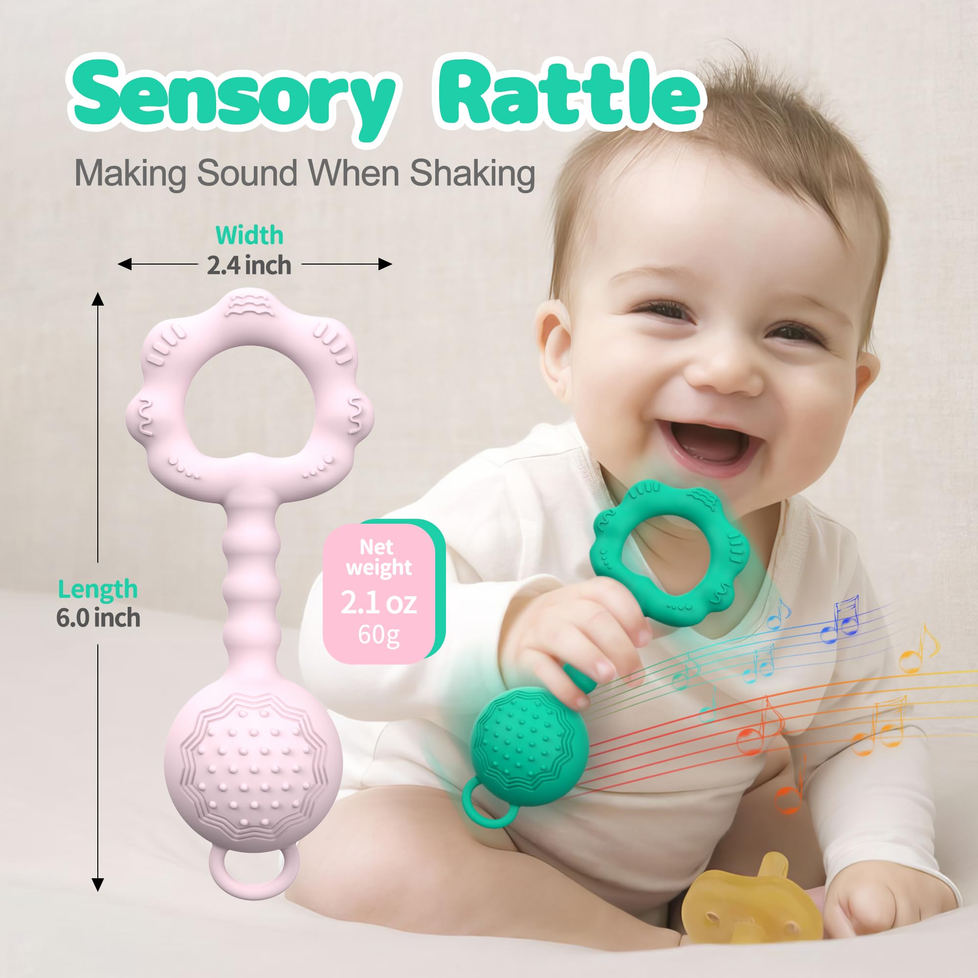 ETETOO pink teether held by tiny hand for easy grip