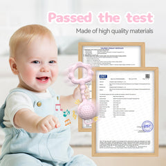 ETETOO rattle-teether pink handheld: fosters grasping skills and gentle auditory engagement.