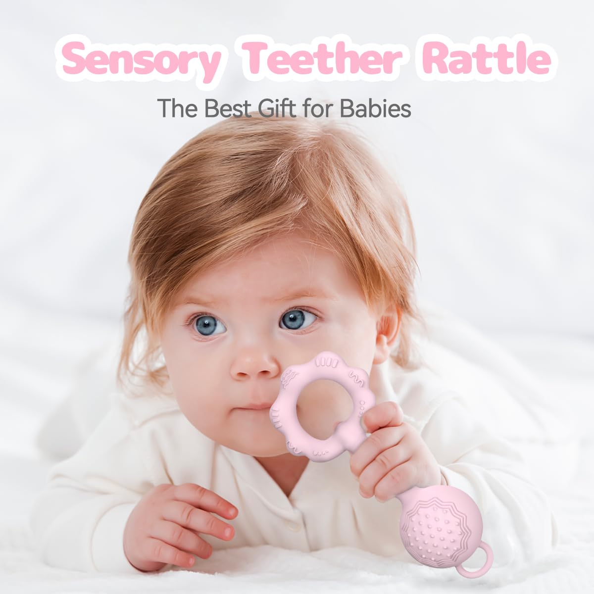 ETETOO soft-silicone-teether pink textures: varied surfaces for gum massage and mouth exploration.