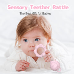 ETETOO soft-silicone-teether pink textures: varied surfaces for gum massage and mouth exploration.