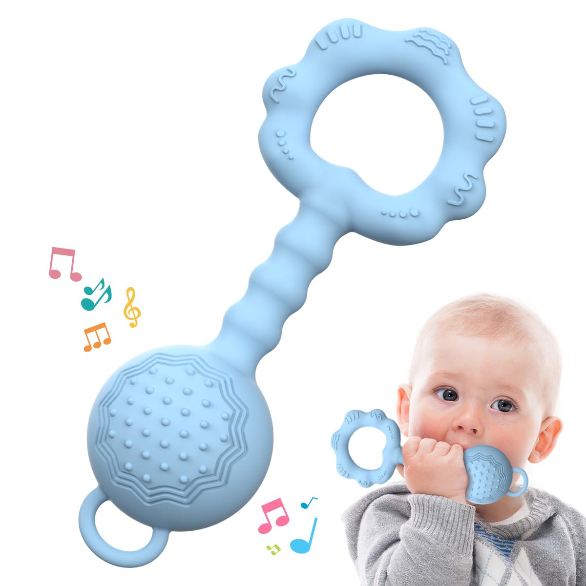 ETETOO teether-rattle blue closeup highlighting textured chew zones for gums
