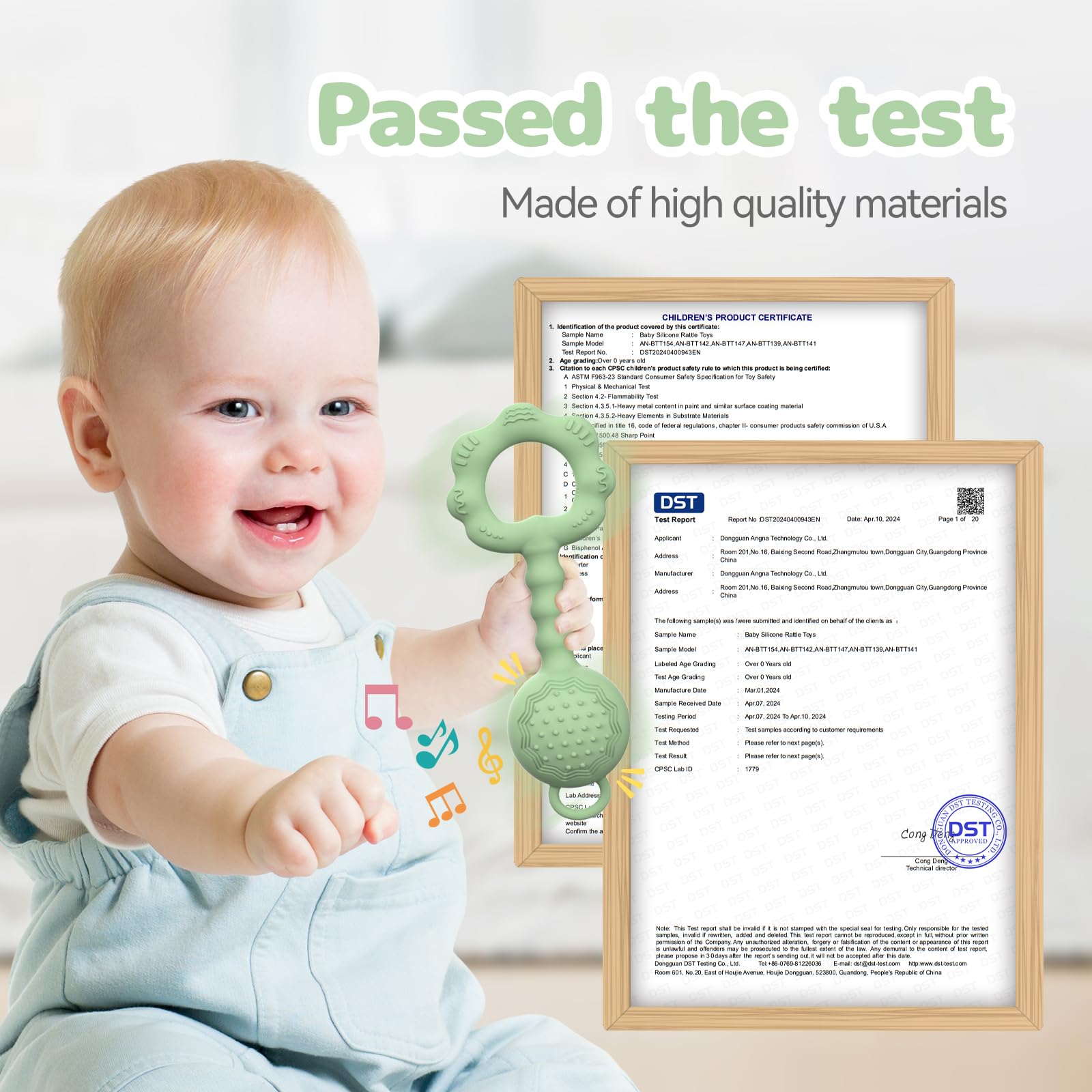 ETETOO teether-rattle green baby holding highlights easy-grip design for tiny hands.
