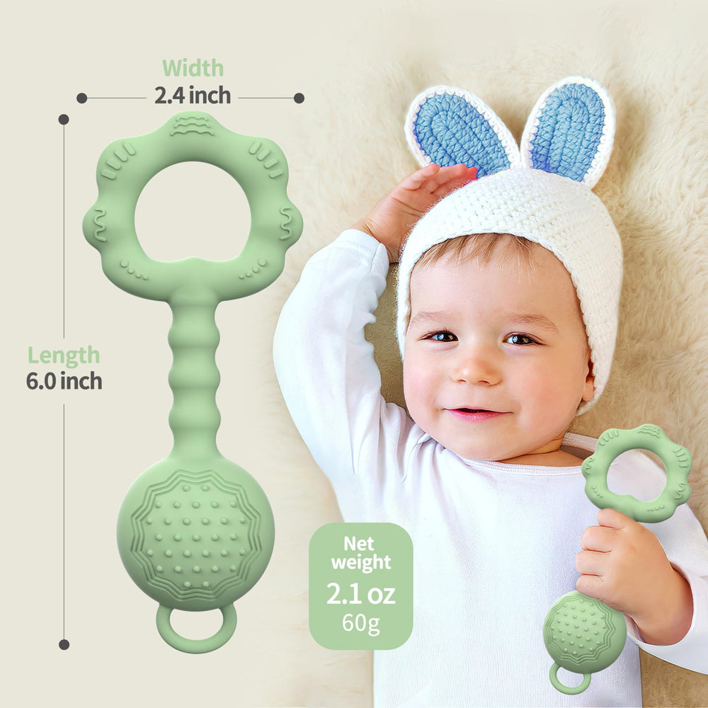 ETETOO teether-rattle green baby smiles during playtime with easy-to-clean silicone.