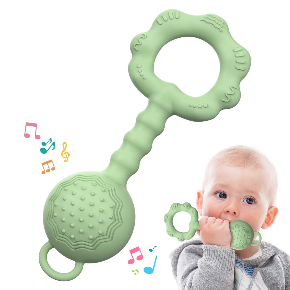 ETETOO teether-rattle green close-up shows textured silicone for soothing gums.