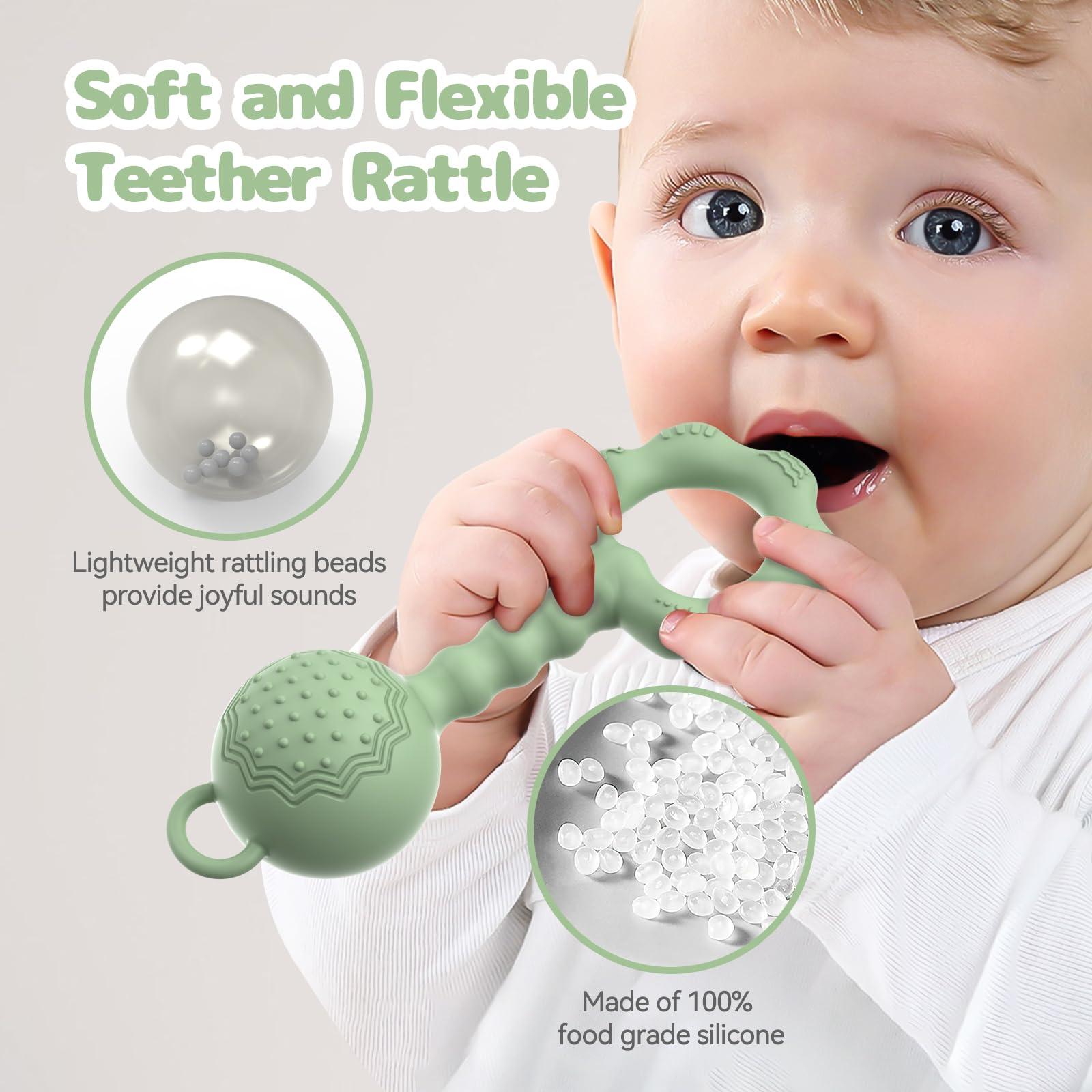 ETETOO teether-rattle green sensory toy in use showcases multi-sensory teething benefits.