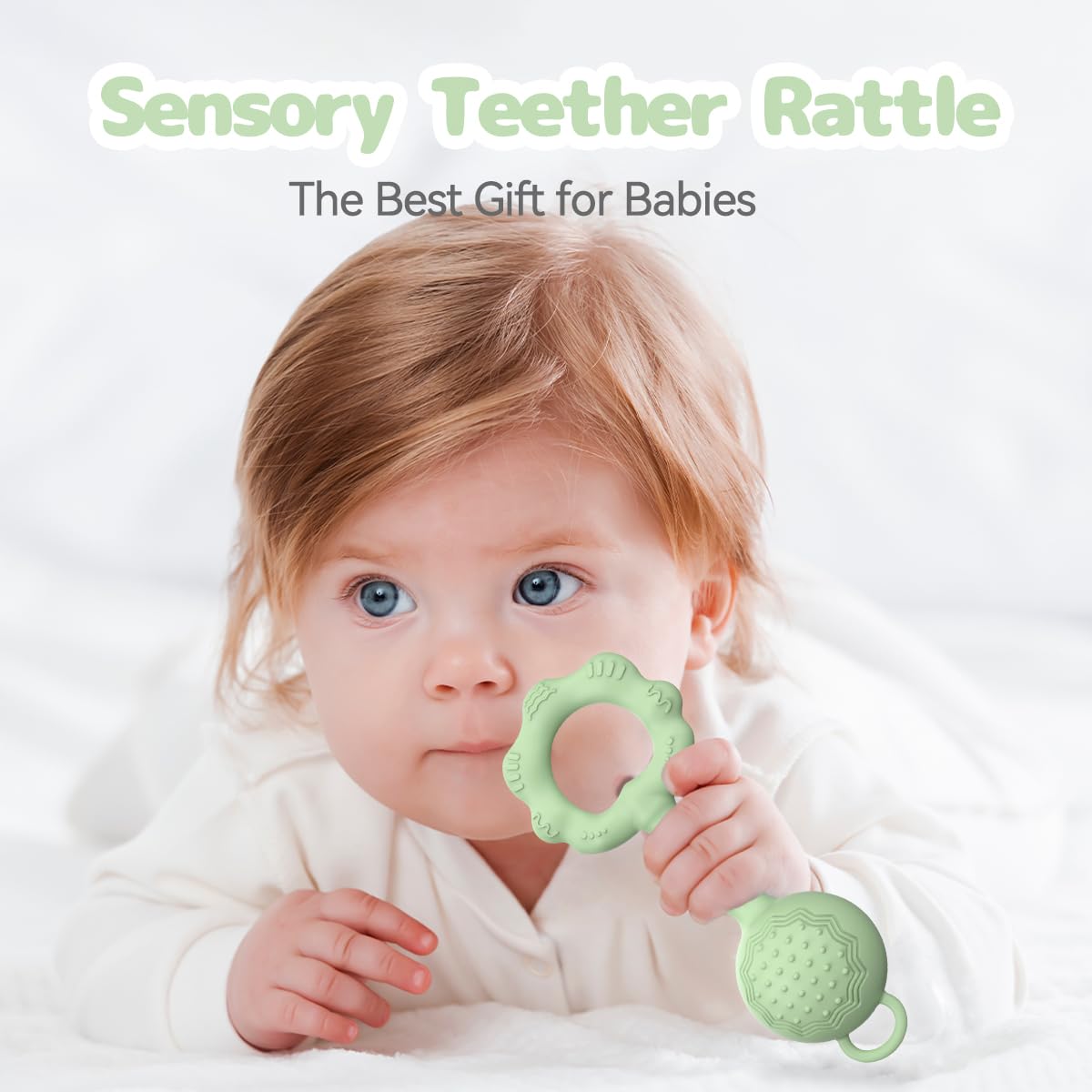 ETETOO teether-rattle green soft silicone teether demonstrates safe chewing.