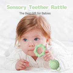 ETETOO teether-rattle green soft silicone teether demonstrates safe chewing.