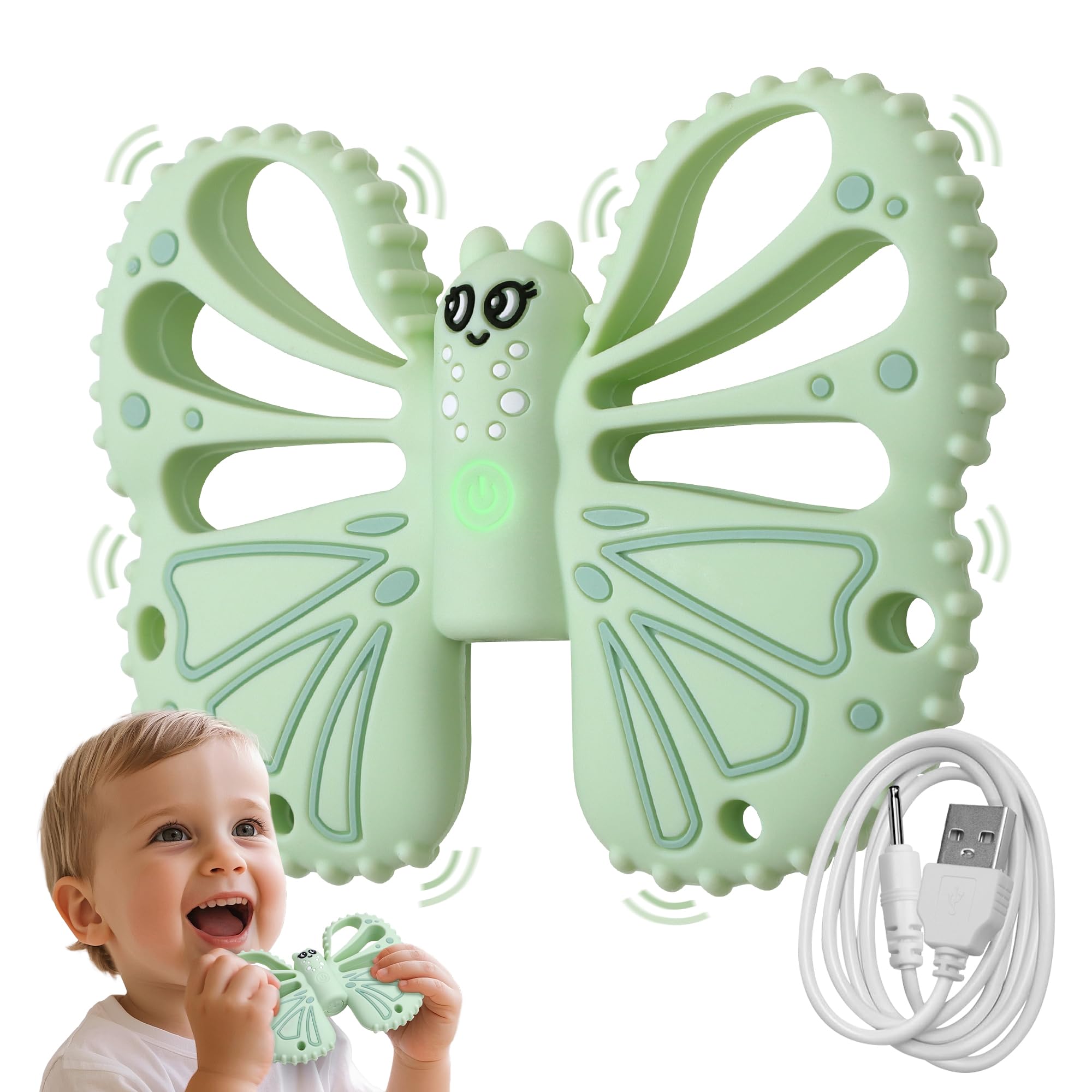 ETETOO vibrating teether green close-up shows safe silicone for calming sensory play.