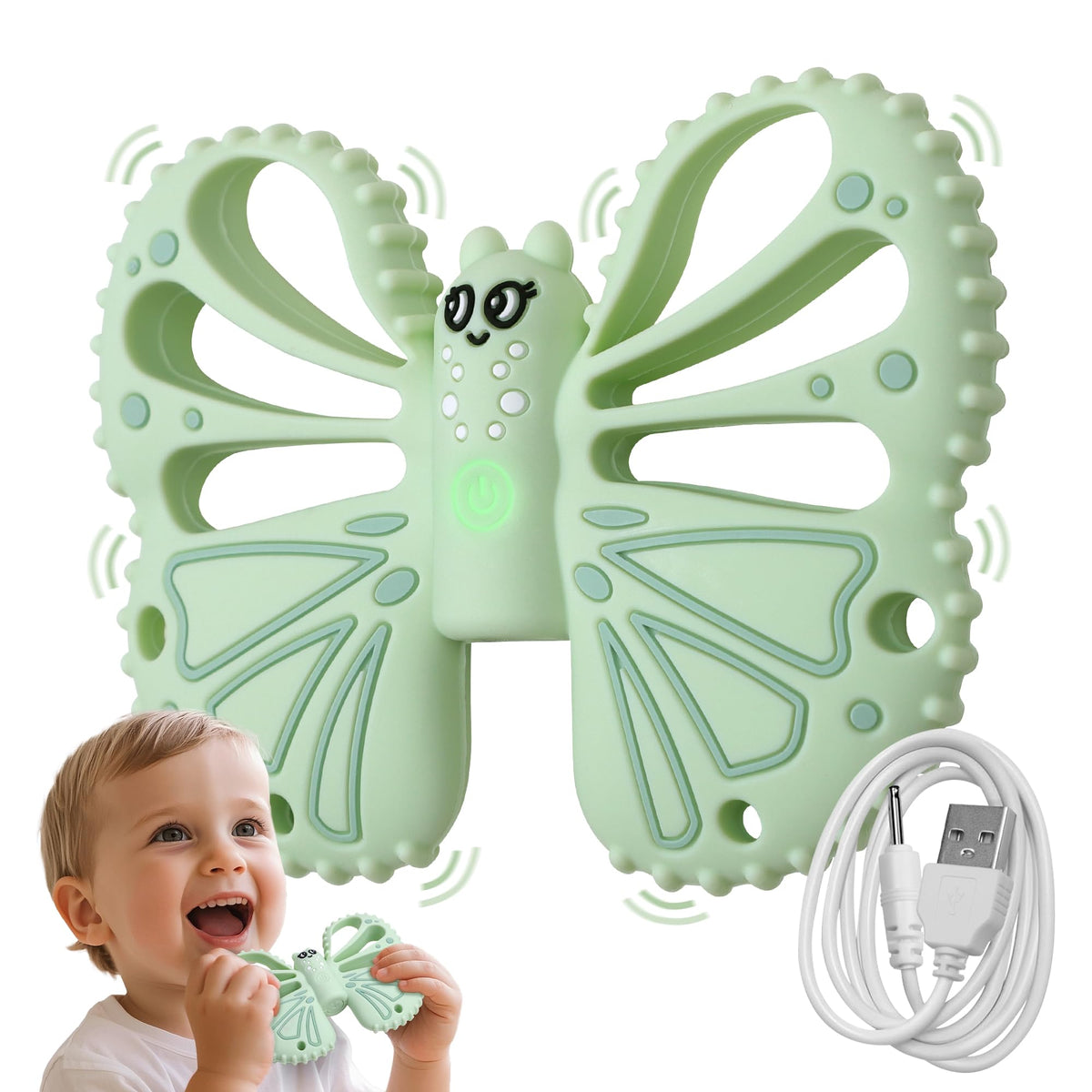ETETOO vibrating teether green close-up shows safe silicone for calming sensory play.