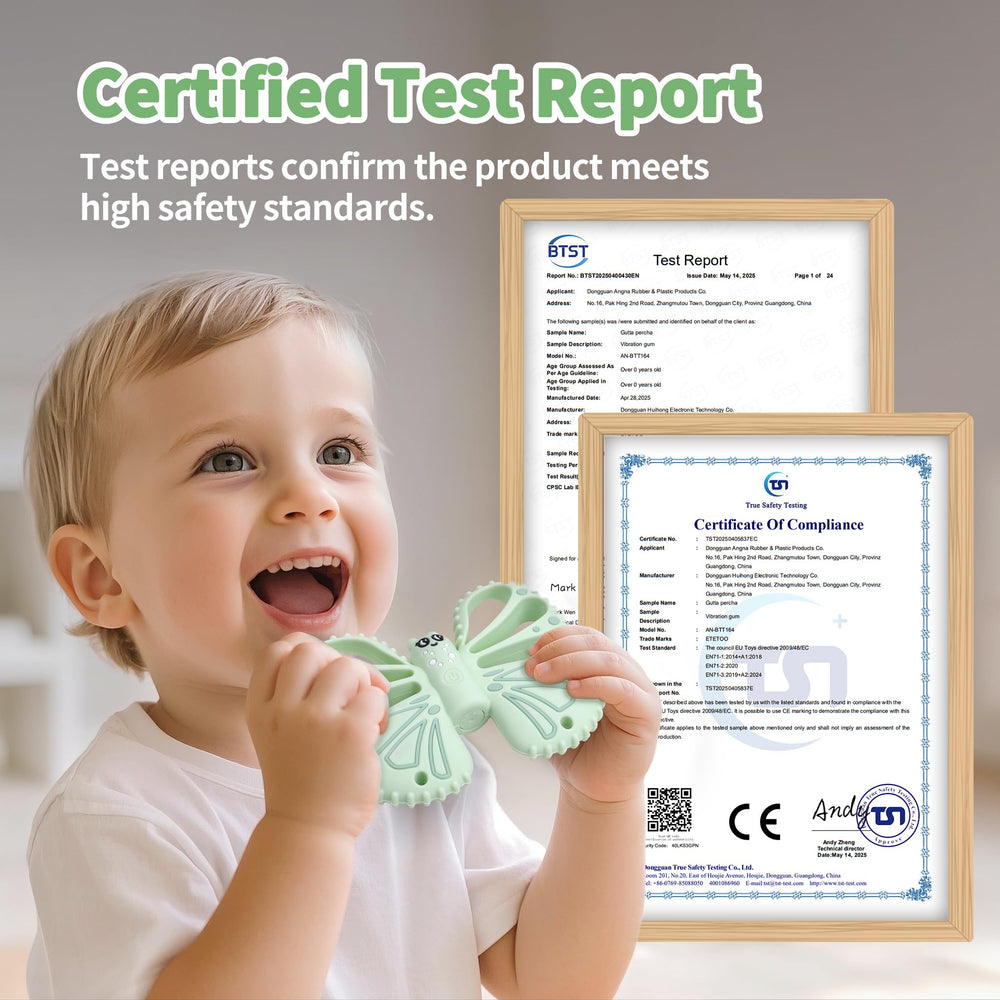ETETOO vibrating teether green in hand demonstrates portability for on-the-go soothing.