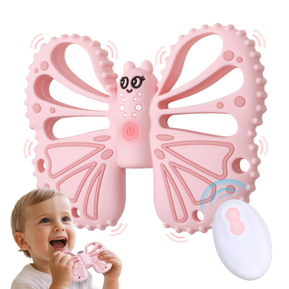 ETETOO Vibrating Teether pink closeup shows safe silicone and soothing vibration for sensitive gums