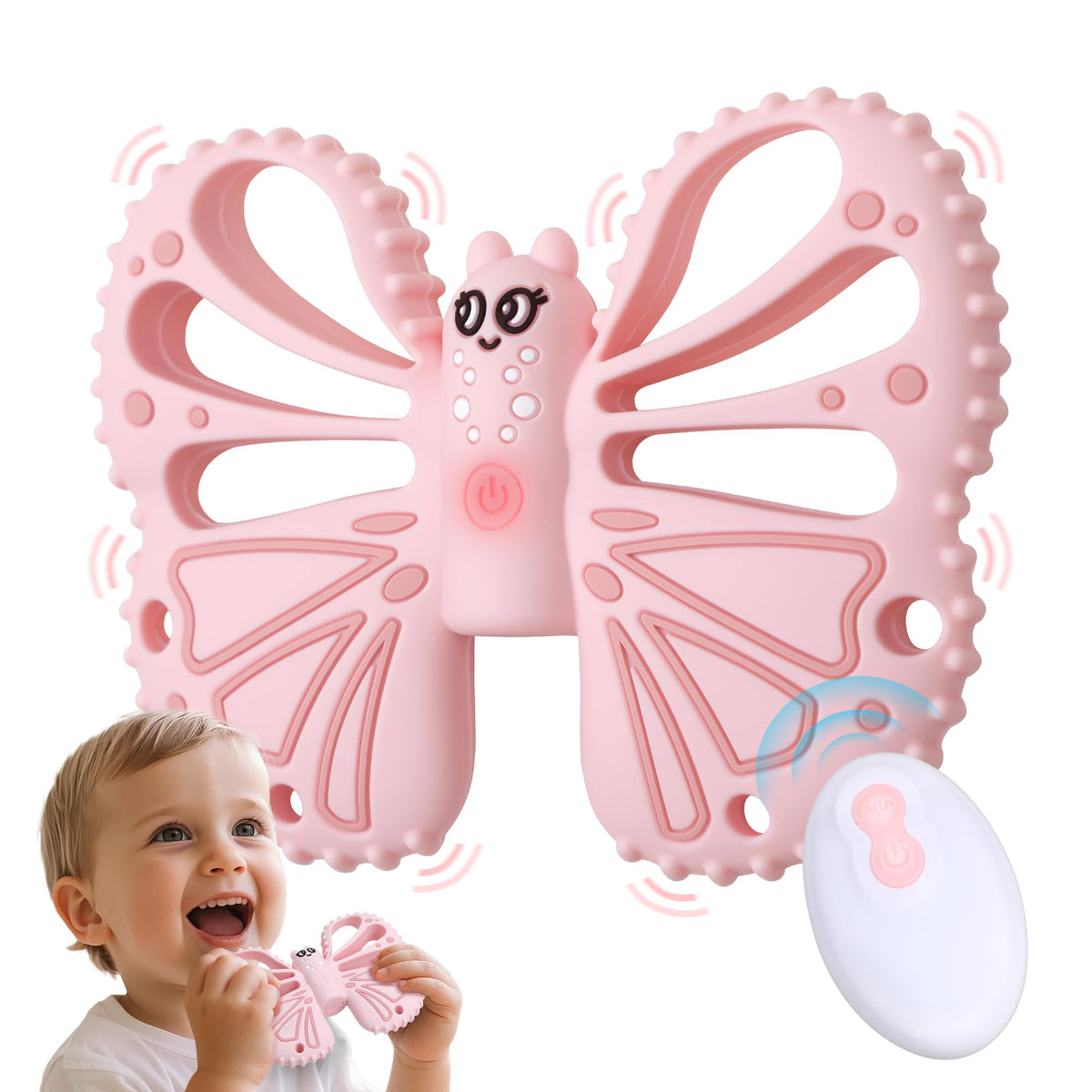 ETETOO Vibrating Teether pink closeup shows safe silicone and soothing vibration for sensitive gums