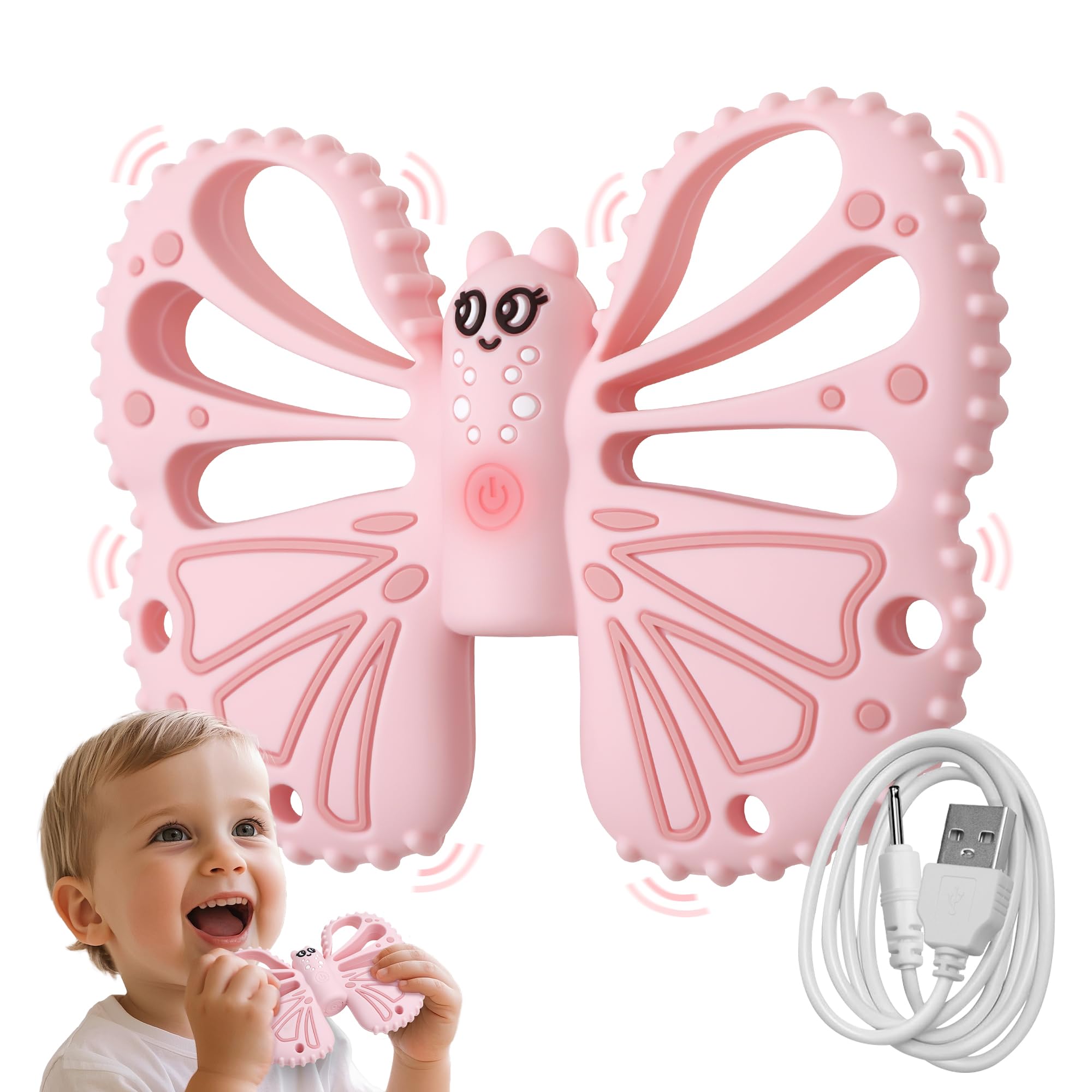 ETETOO vibrating teether pink front view for on-the-go sensory support