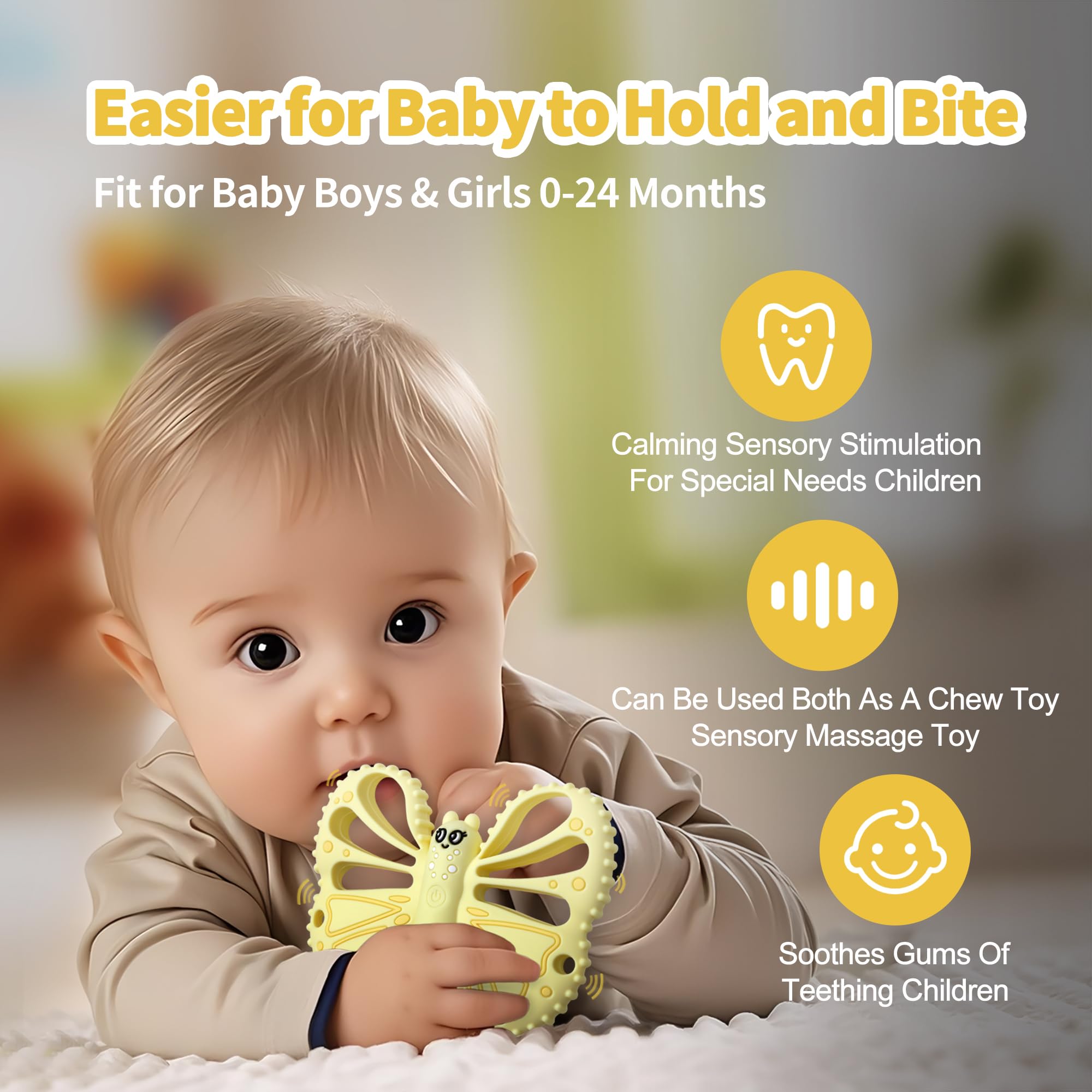 ETETOO vibrating teether yellow with buttons illustrates ten settings for customizable comfort
