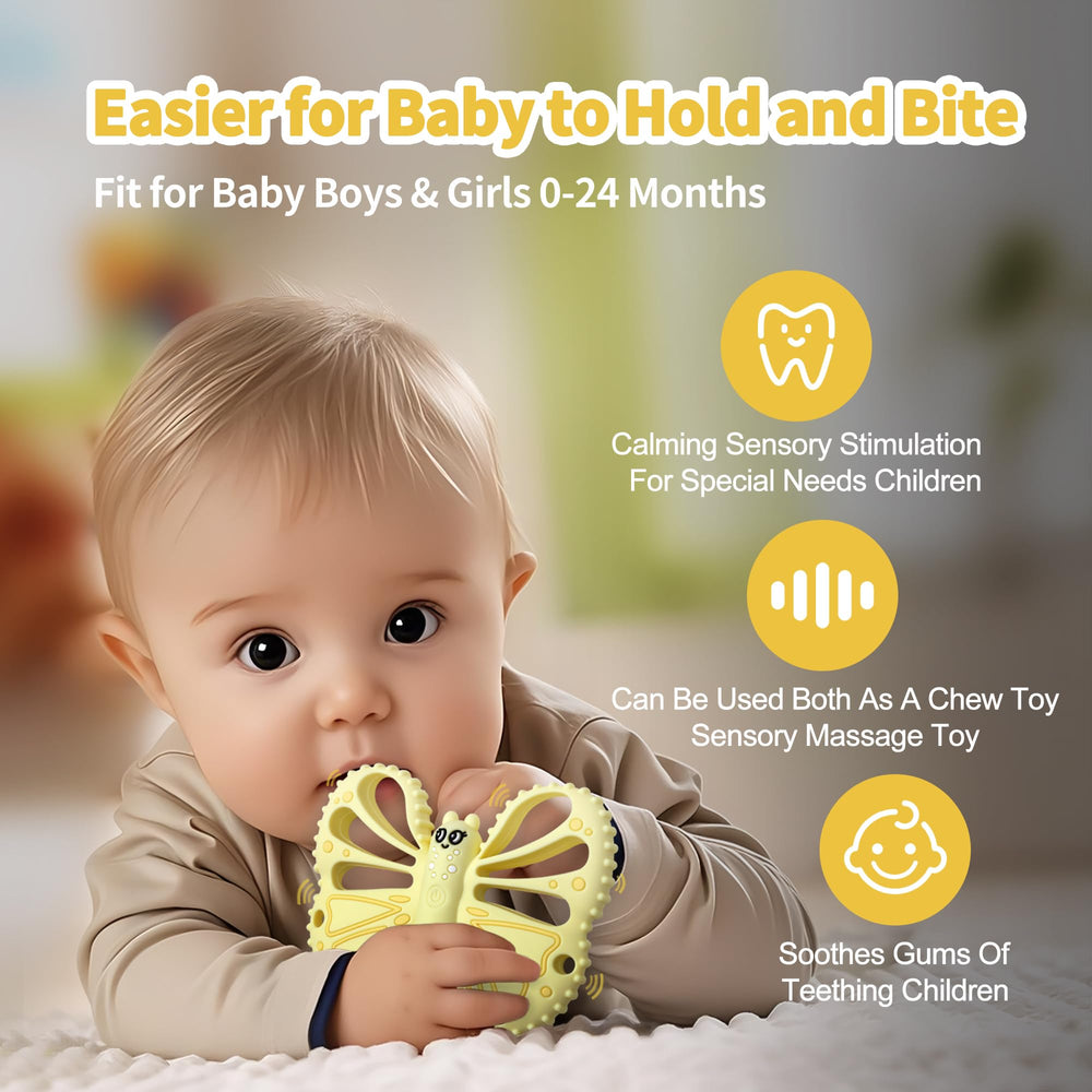 ETETOO vibrating teether yellow with buttons illustrates ten settings for customizable comfort